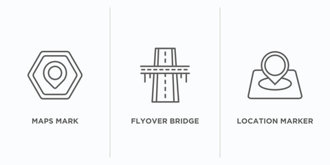 maps and flags outline icons set. thin line icons such as maps mark, flyover bridge, location marker vector. linear icon sheet can be used web and mobile