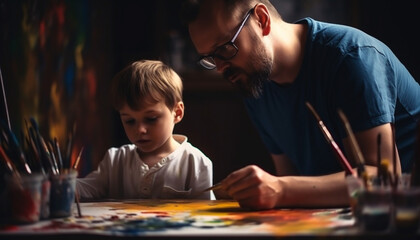 Father and son bonding over colorful painting generated by AI