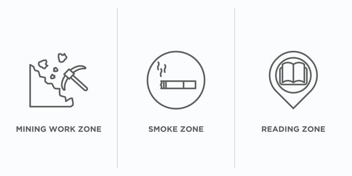 maps and flags outline icons set. thin line icons such as mining work zone, smoke zone, reading zone vector. linear icon sheet can be used web and mobile