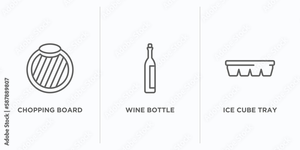 Poster kitchen outline icons set. thin line icons such as chopping board, wine bottle, ice cube tray vector