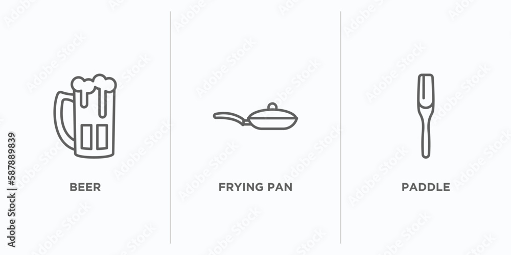 Poster kitchen outline icons set. thin line icons such as beer, frying pan, paddle vector. linear icon shee