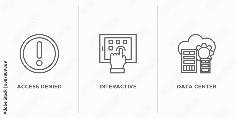 Poster internet security outline icons set. thin line icons such as access denied, interactive, data center
