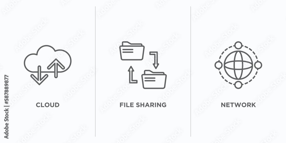 Poster internet security outline icons set. thin line icons such as cloud, file sharing, network vector. li