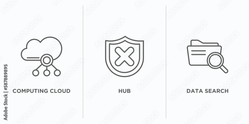 Poster internet security outline icons set. thin line icons such as computing cloud, hub, data search vecto