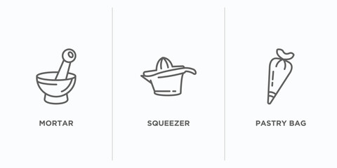 kitchen outline icons set. thin line icons such as mortar, squeezer, pastry bag vector. linear icon sheet can be used web and mobile