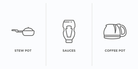 kitchen outline icons set. thin line icons such as stew pot, sauces, coffee pot vector. linear icon sheet can be used web and mobile
