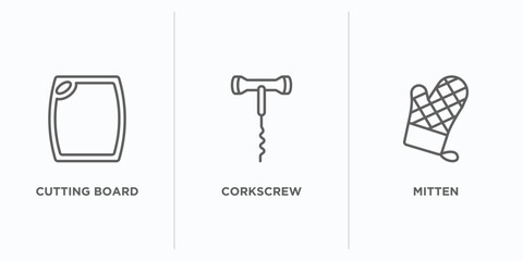 kitchen outline icons set. thin line icons such as cutting board, corkscrew, mitten vector. linear icon sheet can be used web and mobile