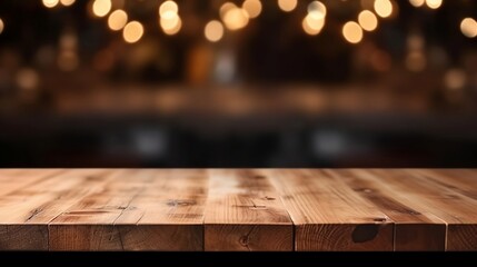 Empty wooden table top with out of focus lights bokeh rustic farmhouse kitchen background, ai 