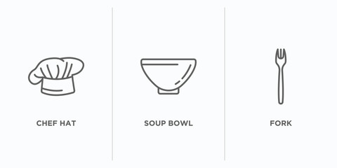 kitchen outline icons set. thin line icons such as chef hat, soup bowl, fork vector. linear icon sheet can be used web and mobile
