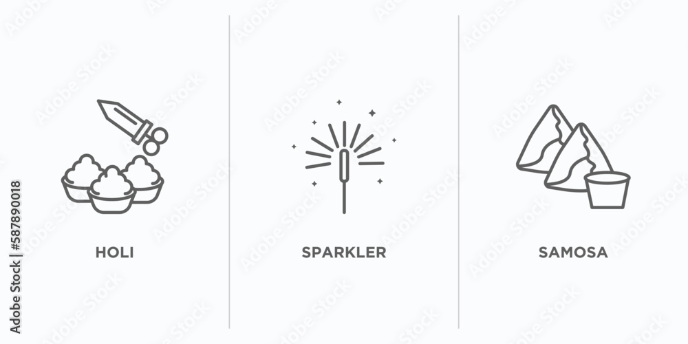 Poster india and holi outline icons set. thin line icons such as holi, sparkler, samosa vector. linear icon