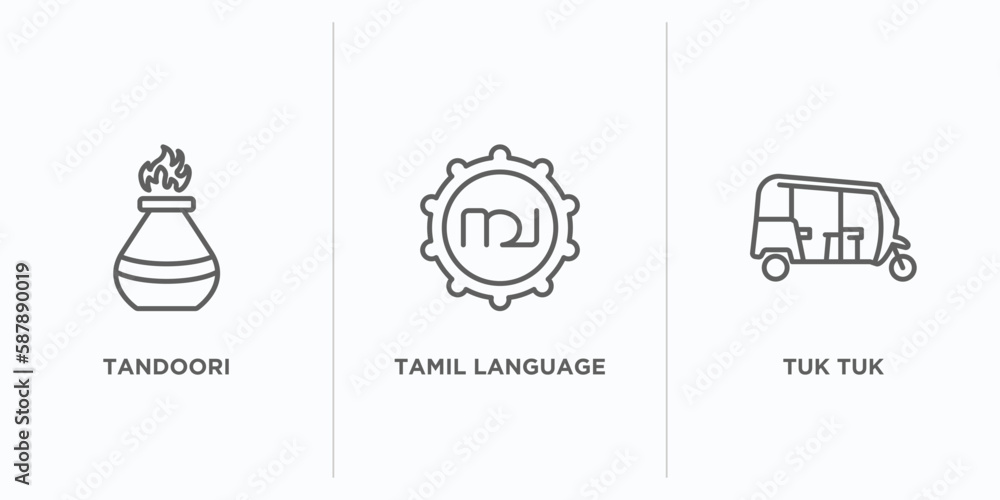Poster india outline icons set. thin line icons such as tandoori, tamil language, tuk tuk vector. linear ic