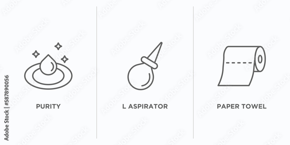 Poster hygiene outline icons set. thin line icons such as purity, l aspirator, paper towel vector. linear i