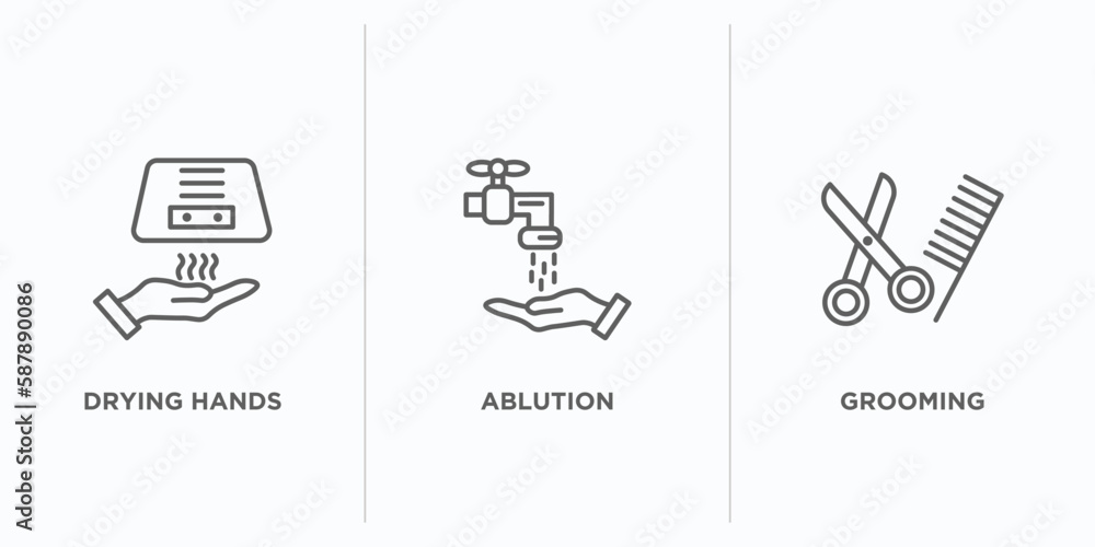 Aufkleber hygiene outline icons set. thin line icons such as drying hands, ablution, grooming vector. linear i