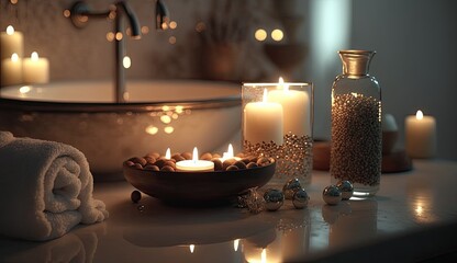 Candles in a spa bathtub. Relaxing soap suds soak. Romantic bath.	