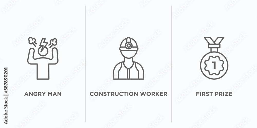 Poster humans outline icons set. thin line icons such as angry man, construction worker, first prize vector
