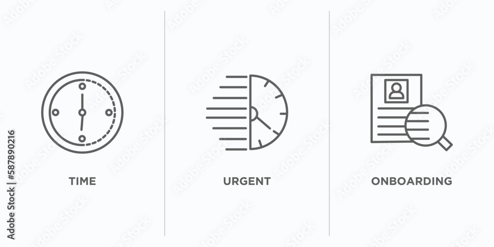 Poster human resources outline icons set. thin line icons such as time, urgent, onboarding vector. linear i