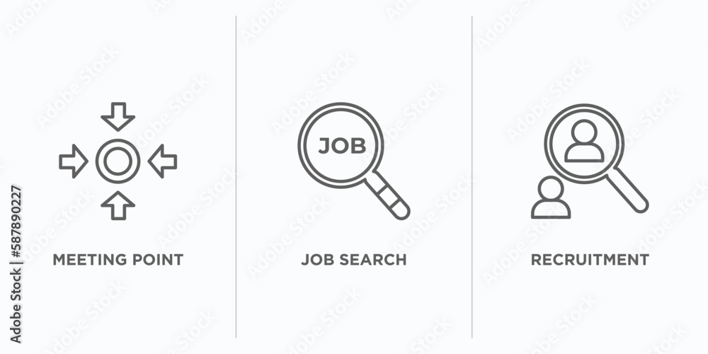 Poster human resources outline icons set. thin line icons such as meeting point, job search, recruitment ve