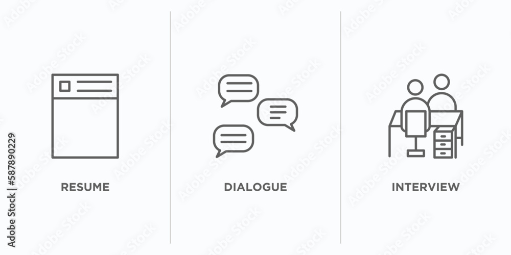Poster human resources outline icons set. thin line icons such as resume, dialogue, interview vector. linea
