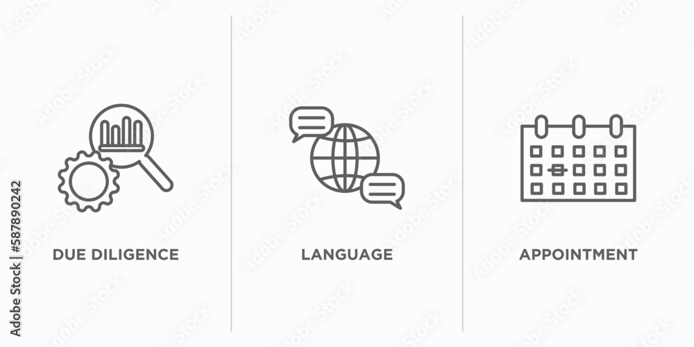 Poster human resources outline icons set. thin line icons such as due diligence, language, appointment vect