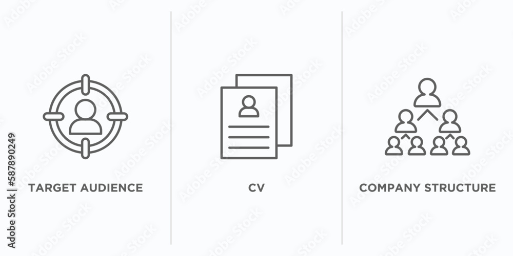 Poster human resources outline icons set. thin line icons such as target audience, cv, company structure ve