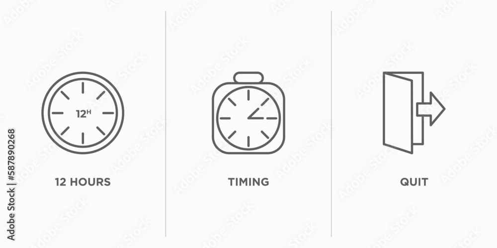 Poster human resources outline icons set. thin line icons such as 12 hours, timing, quit vector. linear ico