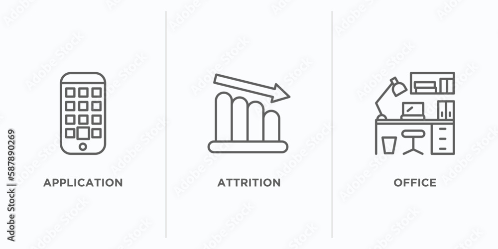 Poster human resources outline icons set. thin line icons such as application, attrition, office vector. li