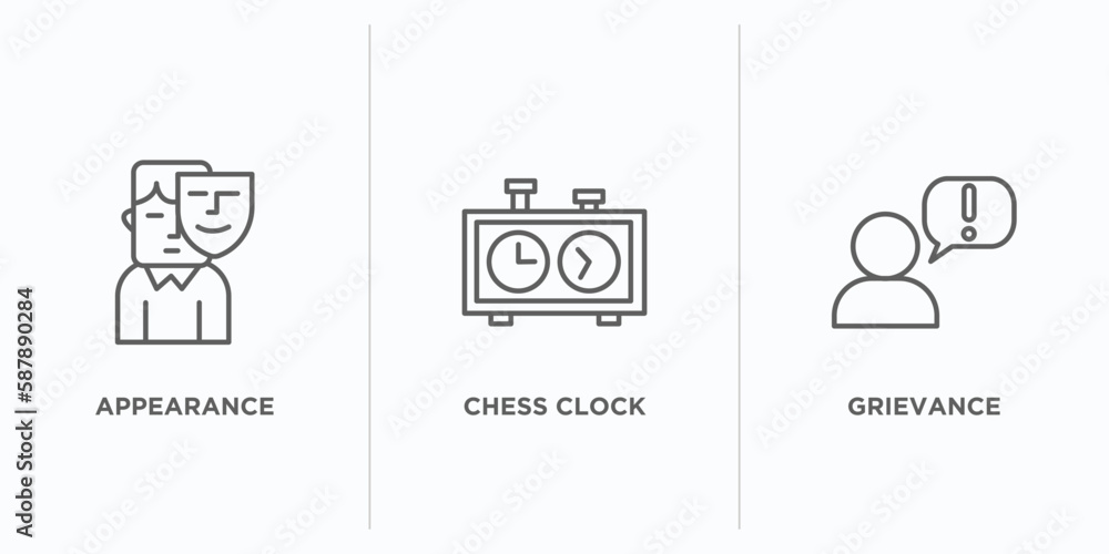 Poster human resources outline icons set. thin line icons such as appearance, chess clock, grievance vector