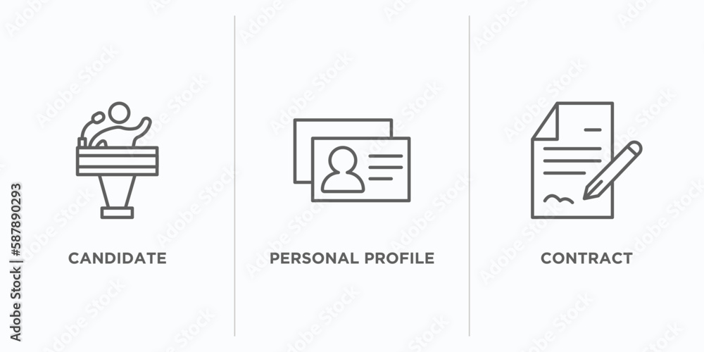 Poster human resources outline icons set. thin line icons such as candidate, personal profile, contract vec