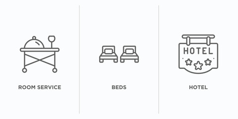 hotel and restaurant outline icons set. thin line icons such as room service, beds, hotel vector. linear icon sheet can be used web and mobile