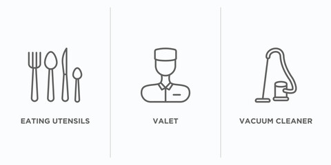 hotel and restaurant outline icons set. thin line icons such as eating utensils, valet, vacuum cleaner vector. linear icon sheet can be used web and mobile