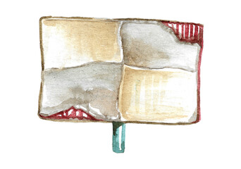 Protest concept. Banner in the form of a sheet of brown cardboard on one blue wooden holder with a place for an inscription. watercolor freehand illustration isolated on white background