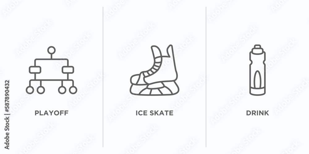 Poster hockey outline icons set. thin line icons such as playoff, ice skate, drink vector. linear icon shee