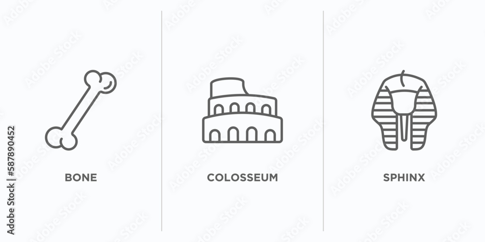 Poster history outline icons set. thin line icons such as bone, colosseum, sphinx vector. linear icon sheet