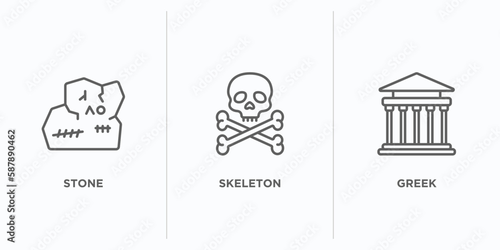 Poster history outline icons set. thin line icons such as stone, skeleton, greek vector. linear icon sheet 