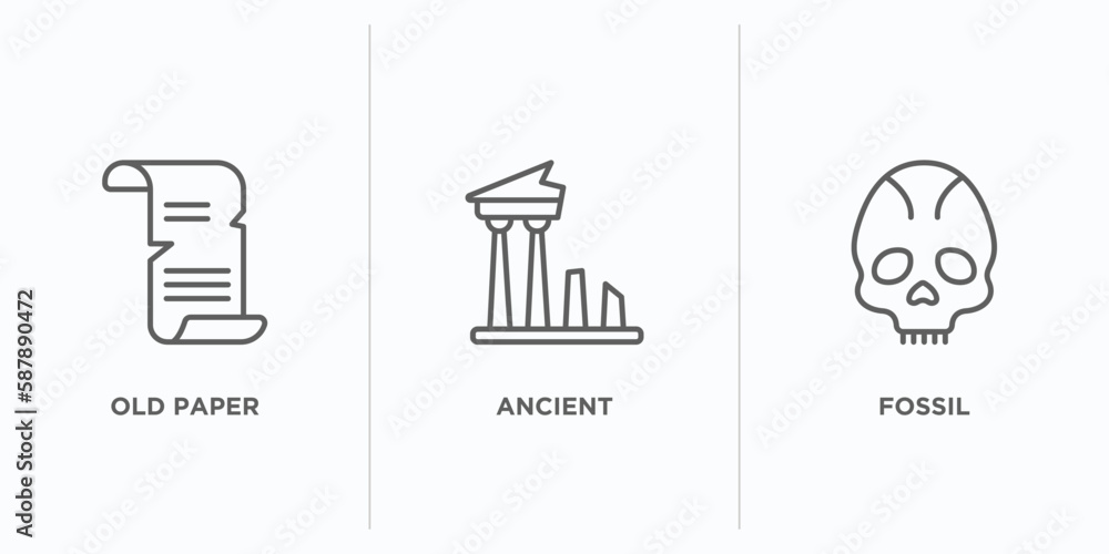 Poster history outline icons set. thin line icons such as old paper, ancient, fossil vector. linear icon sh