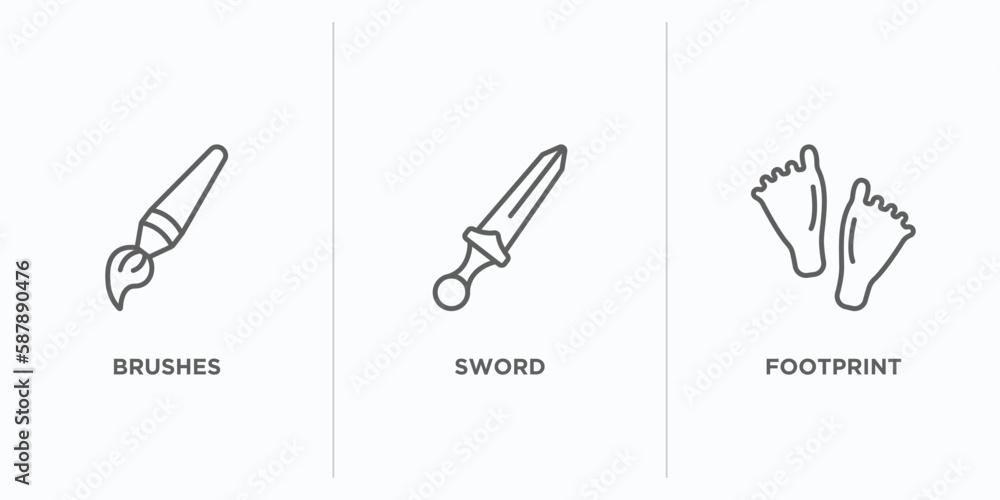 Poster history outline icons set. thin line icons such as brushes, sword, footprint vector. linear icon she