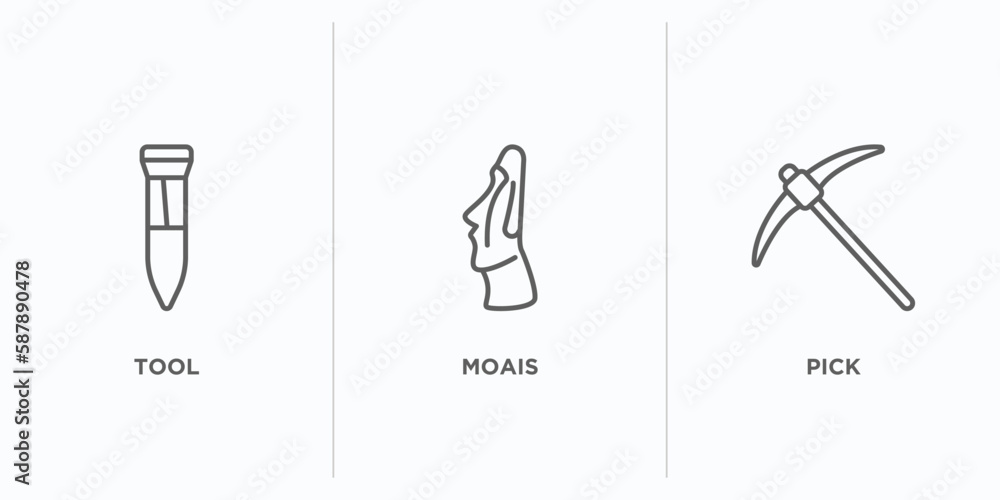 Poster history outline icons set. thin line icons such as tool, moais, pick vector. linear icon sheet can b