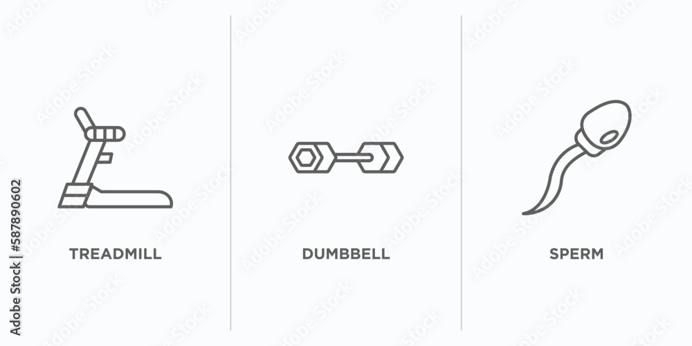 Poster health and medical outline icons set. thin line icons such as treadmill, dumbbell, sperm vector. lin