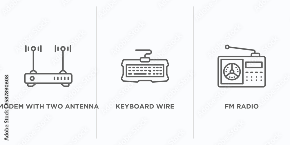 Poster hardware outline icons set. thin line icons such as modem with two antenna, keyboard wire, fm radio 