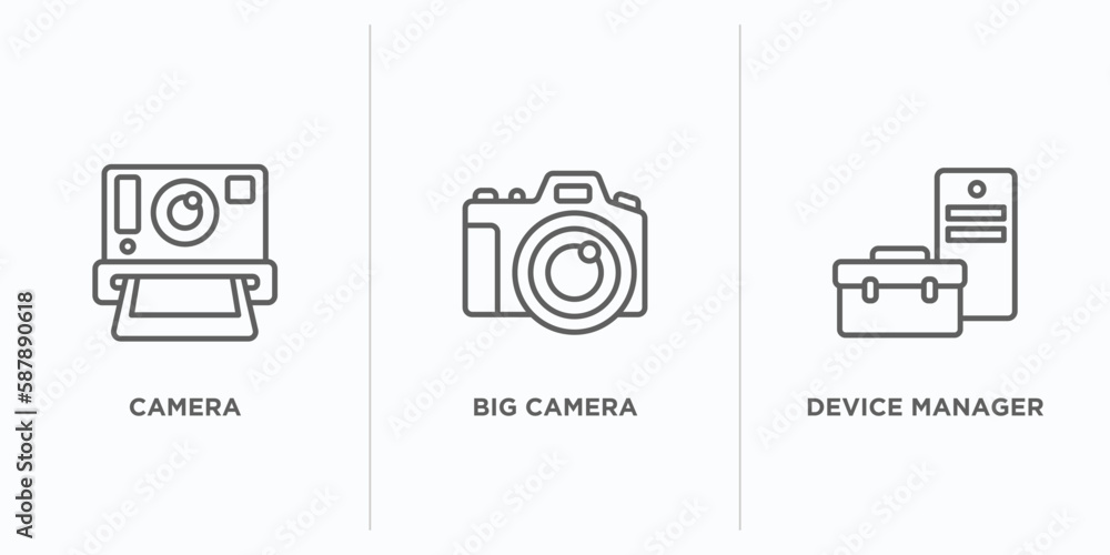 Poster hardware outline icons set. thin line icons such as camera, big camera, device manager vector. linea