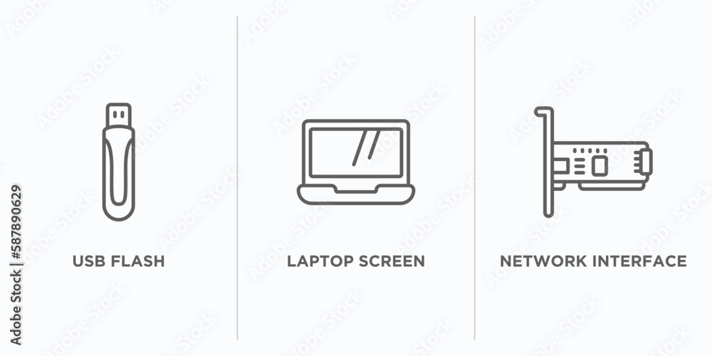 Poster hardware outline icons set. thin line icons such as usb flash, laptop screen, network interface card