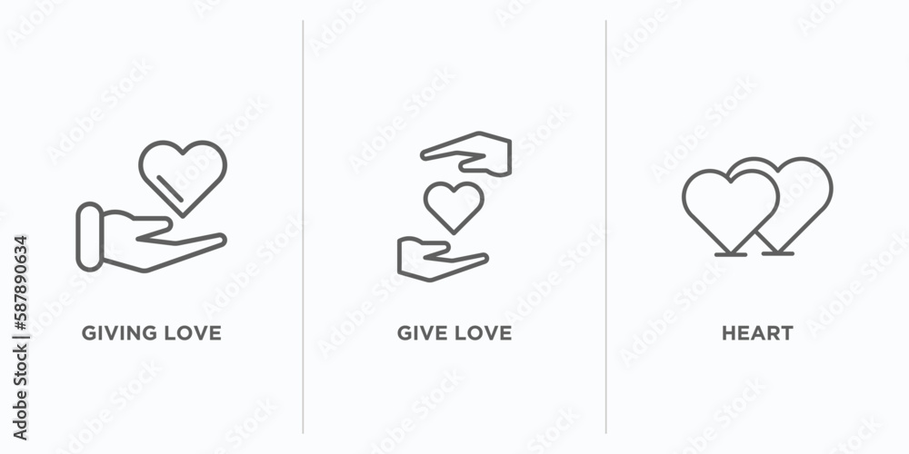Aufkleber hands and gestures outline icons set. thin line icons such as giving love, give love, heart vector. 