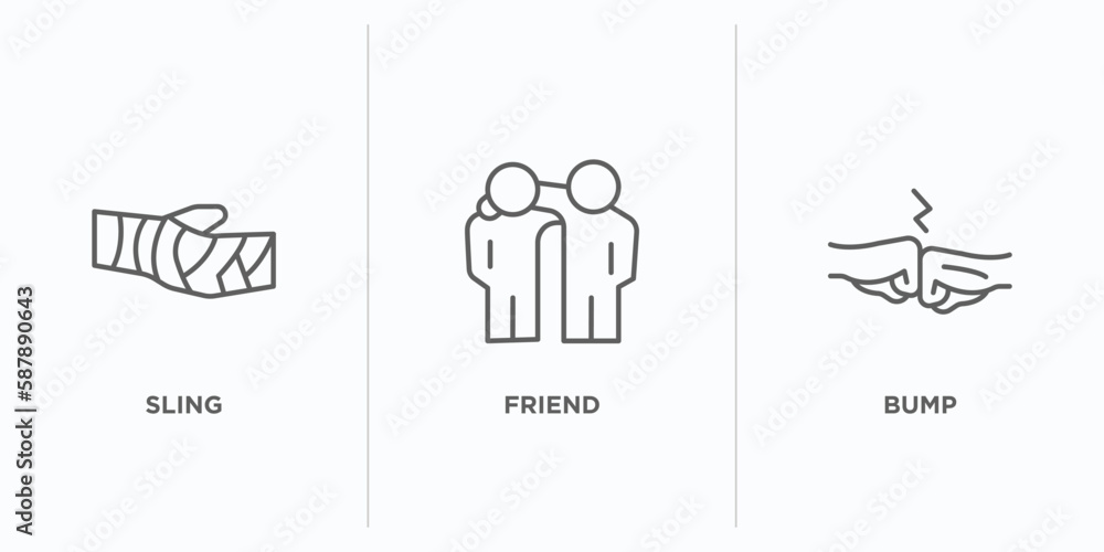 Poster hands and gestures outline icons set. thin line icons such as sling, friend, bump vector. linear ico