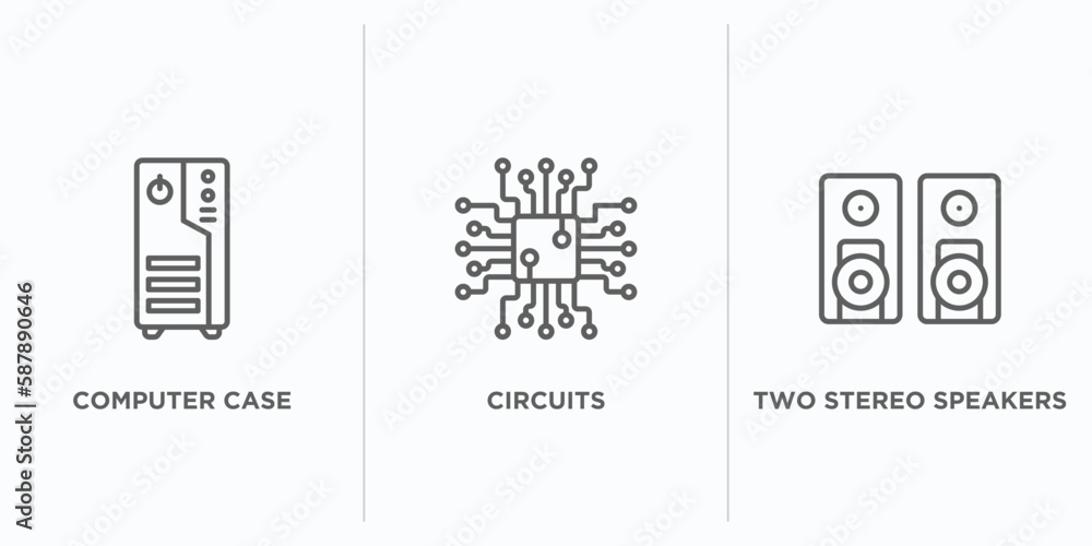 Poster hardware outline icons set. thin line icons such as computer case, circuits, two stereo speakers vec
