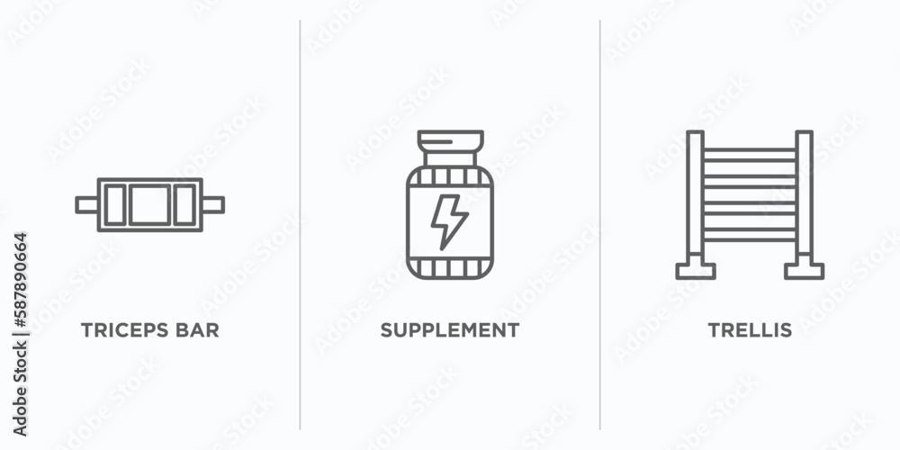 Poster gym equipment outline icons set. thin line icons such as triceps bar, supplement, trellis vector. li