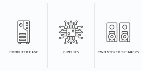 hardware outline icons set. thin line icons such as computer case, circuits, two stereo speakers vector. linear icon sheet can be used web and mobile