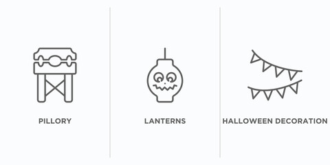 halloween outline icons set. thin line icons such as pillory, lanterns, halloween decoration vector. linear icon sheet can be used web and mobile