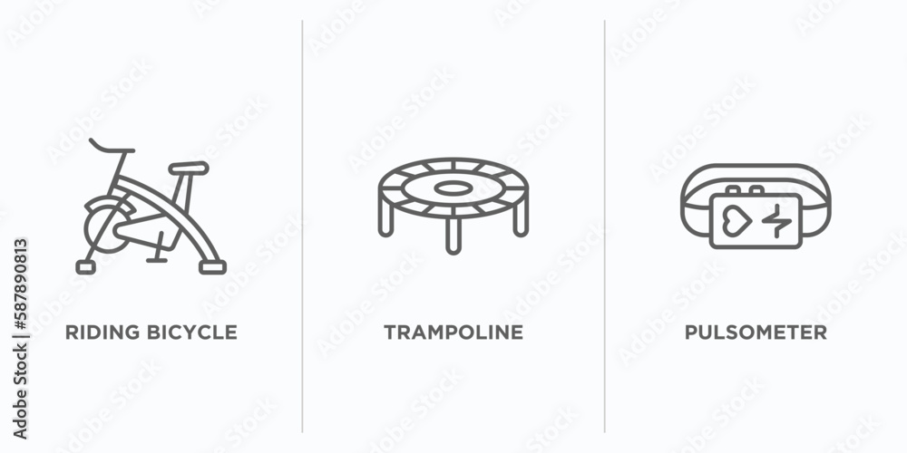 Poster gym and fitness outline icons set. thin line icons such as riding bicycle, trampoline, pulsometer ve