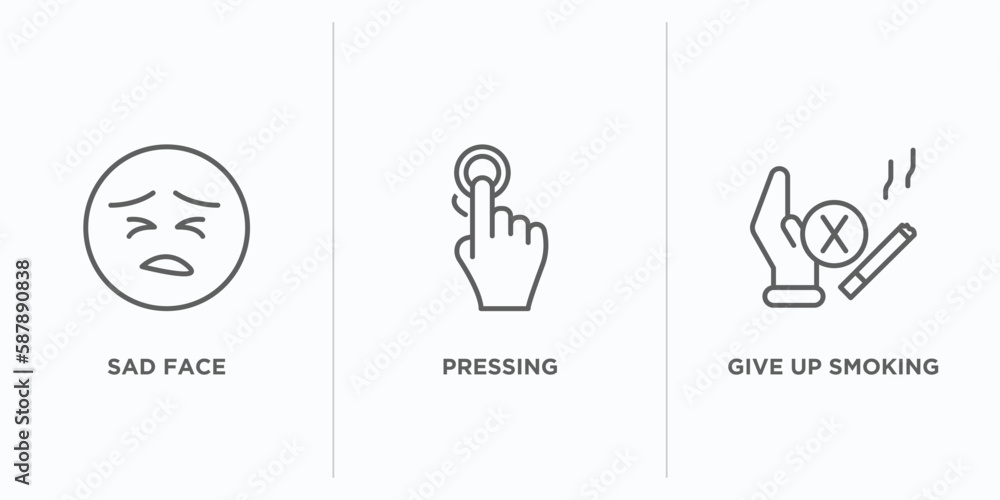 Aufkleber gestures outline icons set. thin line icons such as sad face, pressing, give up smoking vector. line