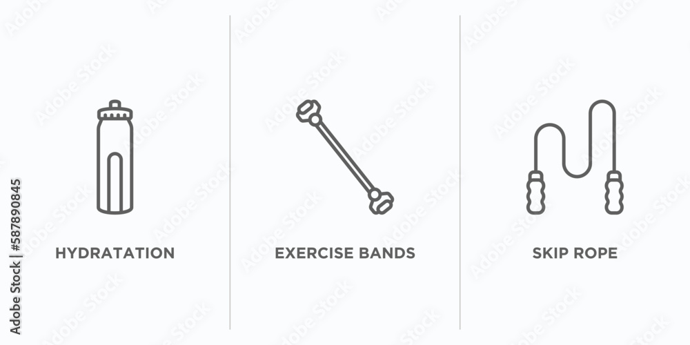 Poster gym and fitness outline icons set. thin line icons such as hydratation, exercise bands, skip rope ve